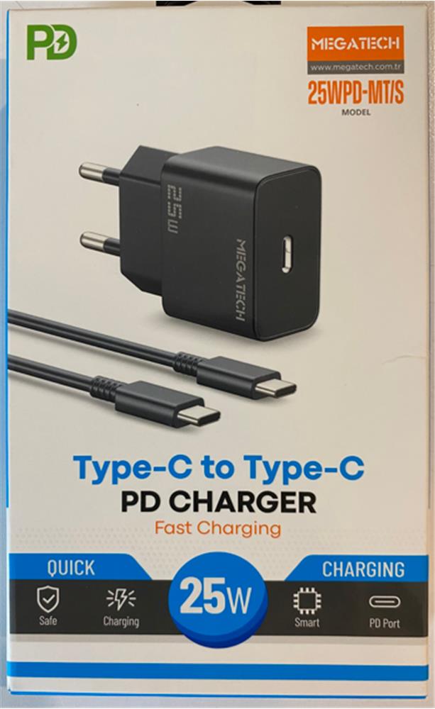 Megatech 25Wpd-Mt-S 25w Type-C Ev Şarj Kafa+Type-c to Typec Kablo ( Hızlı Şarj ) 