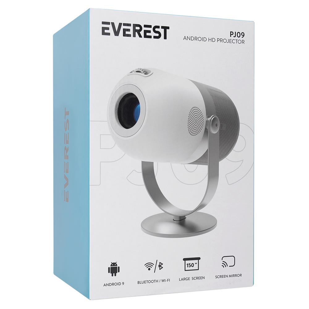 Everest PJ09 Beyaz Mini Taşı 1280-720P 4500 Lüm 150 ANSIL Android 9.0 Ekran Yansıtma HD Projeksiyon