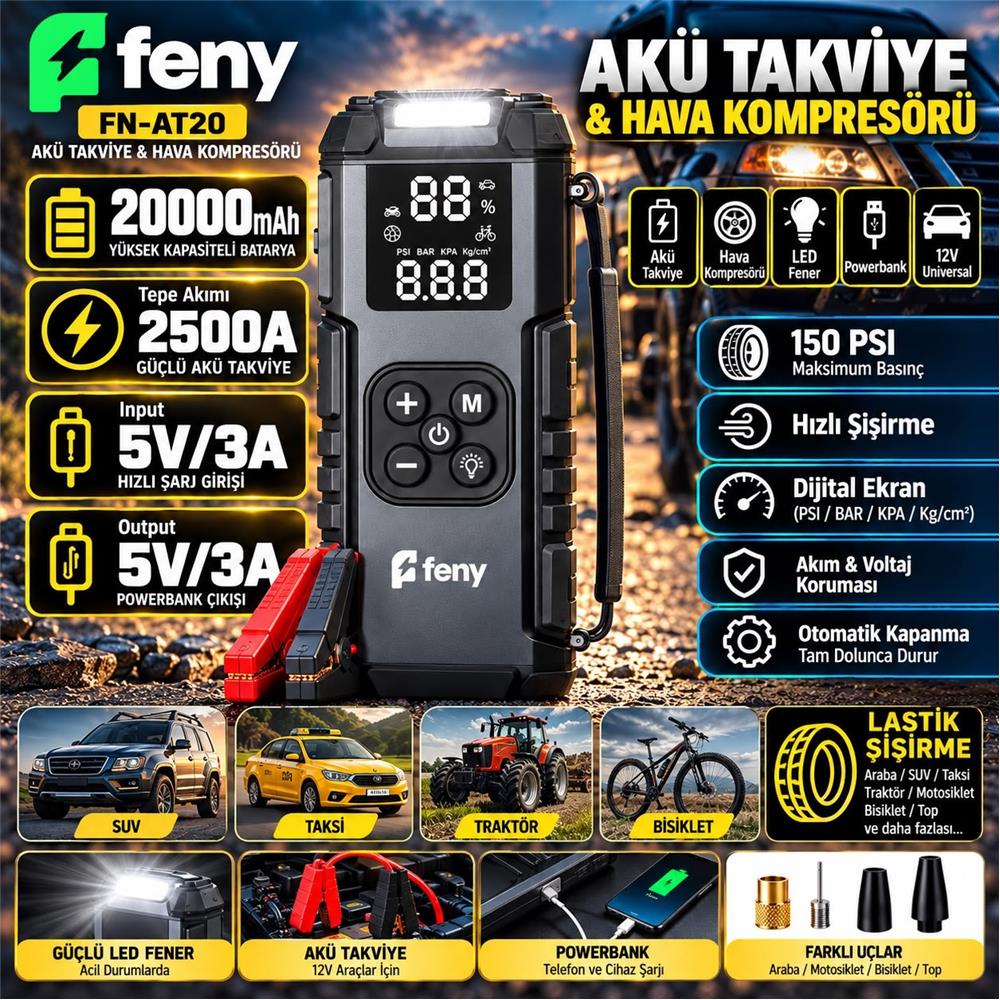 Feny FN-AT20 20.000 Mah 5v-3a Akü Takviye Ve Hava Kompresörü (Lastik Şişirme- Powerbank) Çantalı 