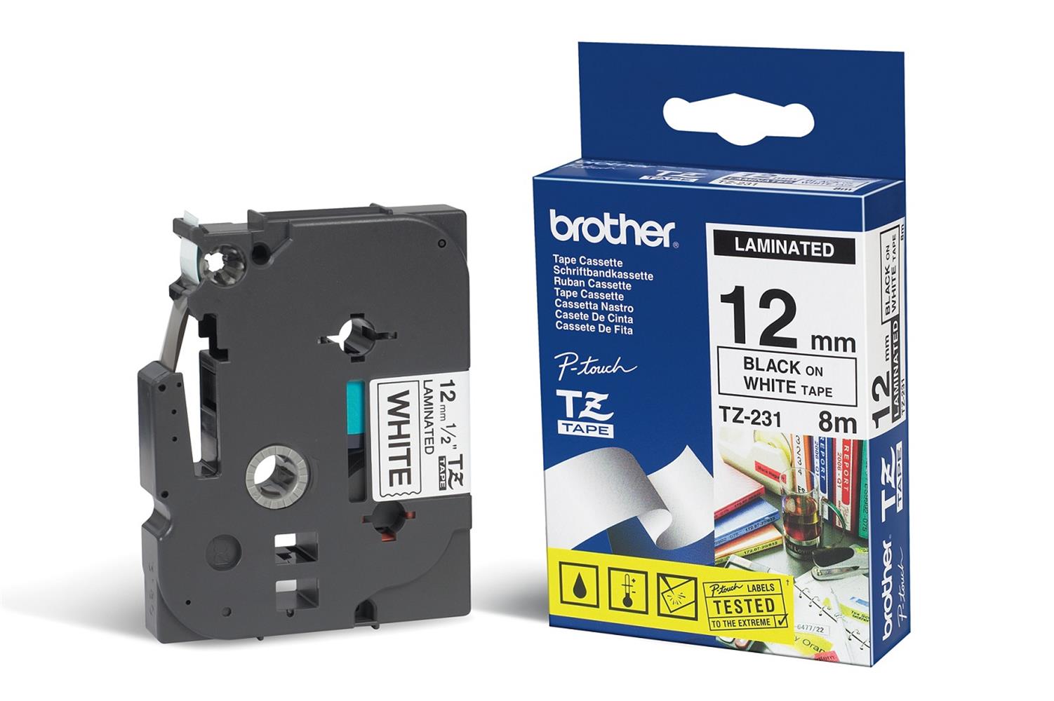 Brother TZE-231 12 mm Beyaz Üzeri Siyah Laminasyonlu Etiket