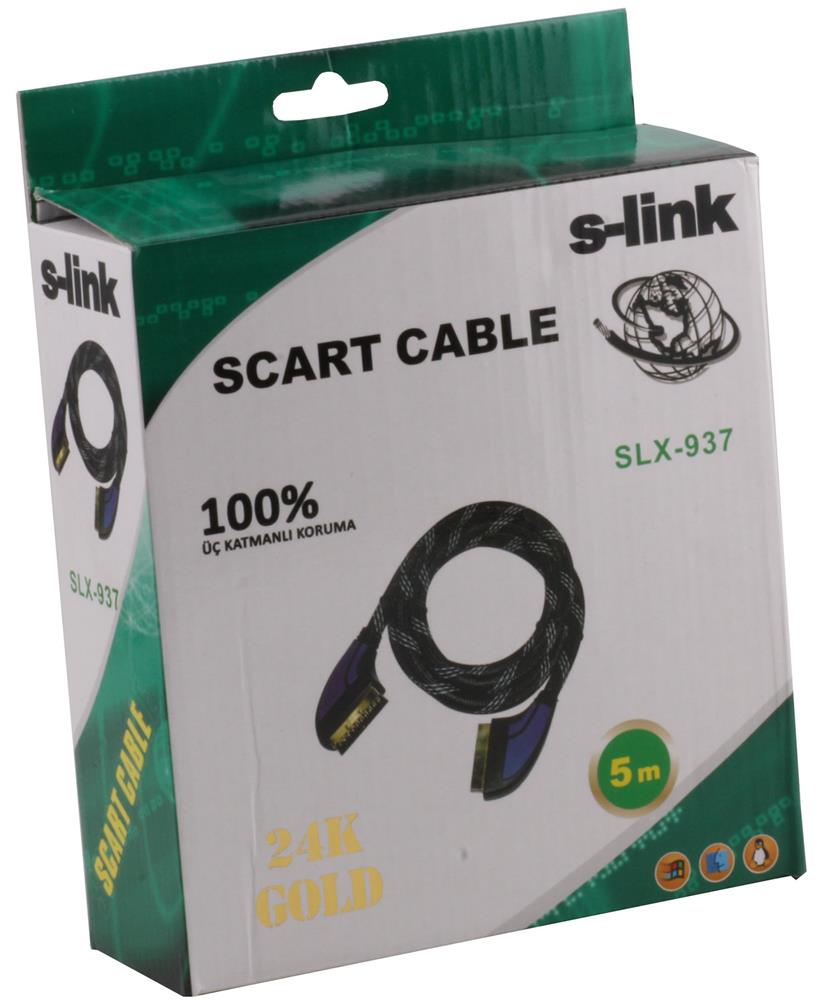 S-link SLX-937 Scart To Scart  5mt Gold Kılıflı Kablo