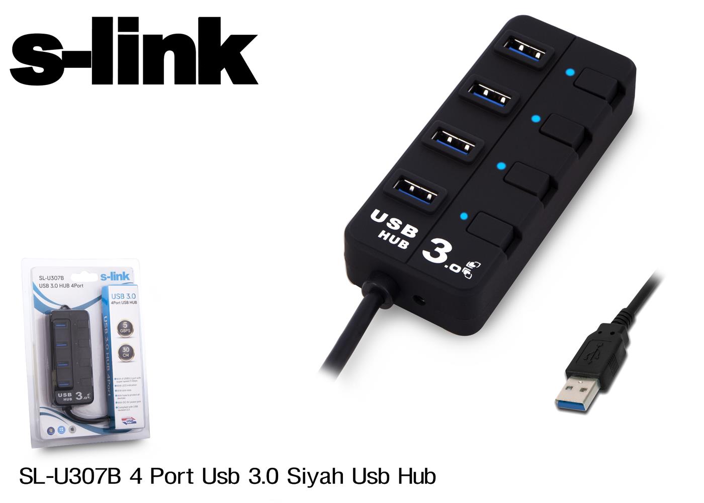 S-link SL-U307B Siyah 4 Port 3.0 Usb Çoklayıcı