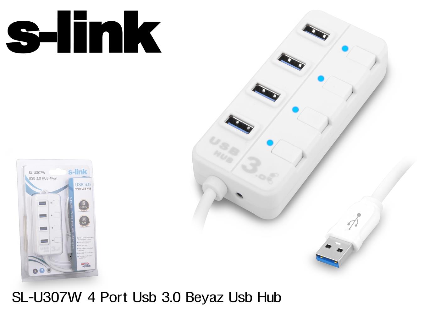 S-link SL-U307W Beyaz 4 Port 3.0 Usb Çoklayıcı