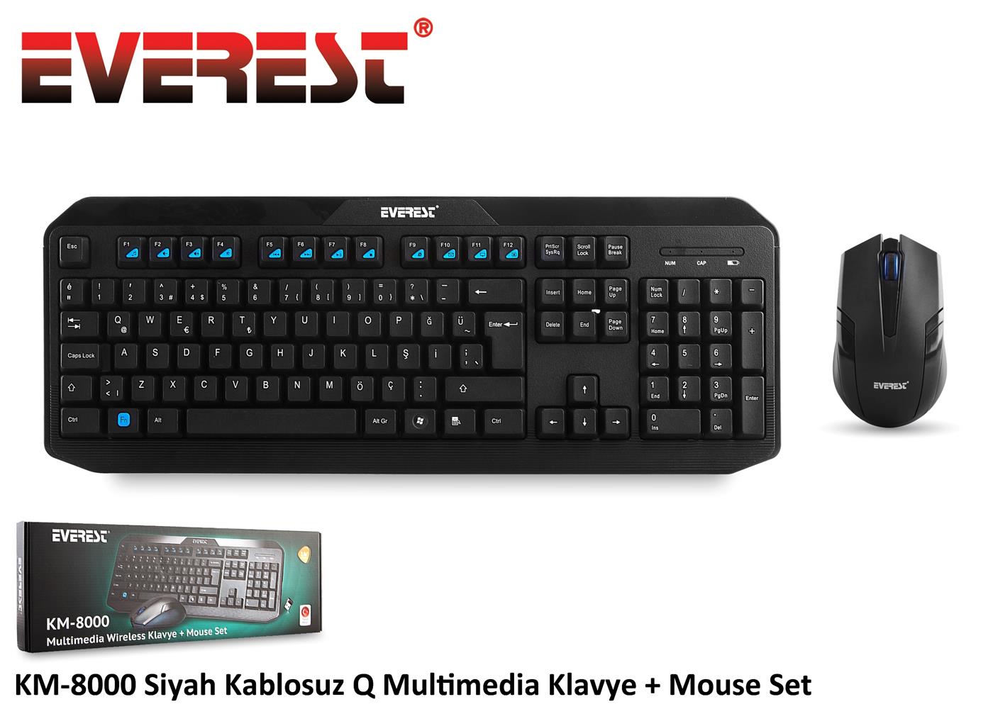 Everest KM-8000 Siyah Q Kalosuz Multimedya 104 Tuşlu Klavye Mouse Set 800 Dpı 3 Buton Mouse 