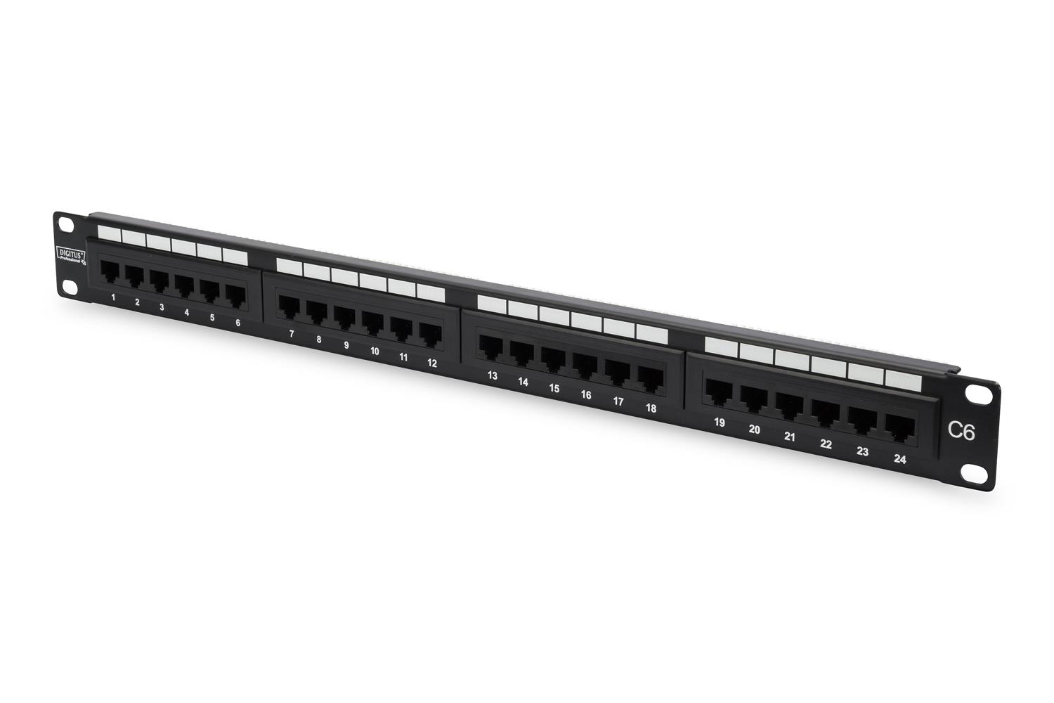 Digitus 19" 24 Port Cat-6 UTP Patch Panel, 8P8C, 50 µ (Mikron), Altın Kontak, LSA, 1U, Zırhsız 