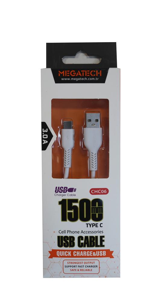 Megatech CHC06 Beyaz 2.1A 1,5mt  Type-c Bağlantı Kablosu