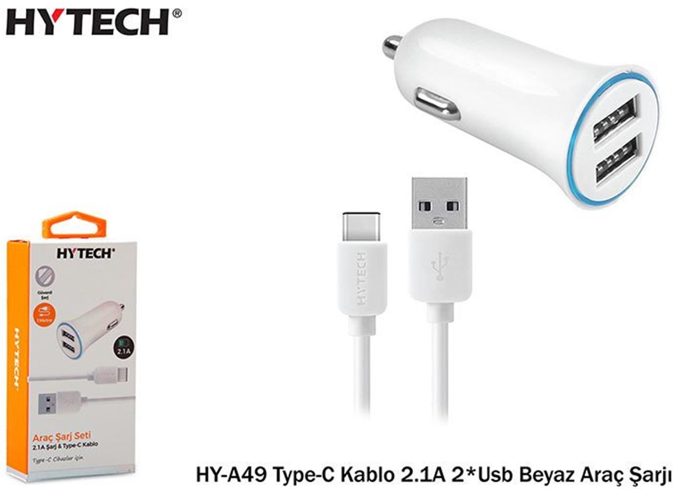 Hytech HY-A49 Type-C Kablo 2.1A 2-Usb Beyaz Araç 