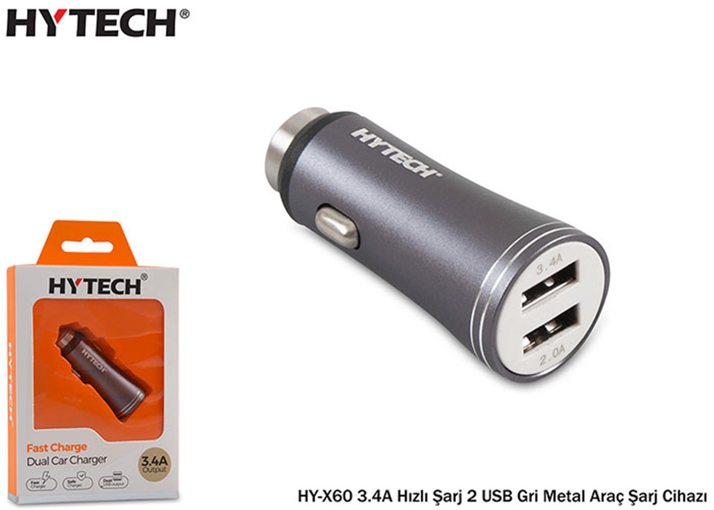 Hytech HY-X60 3.4A Hızlı Şarj 2 USB Gri Metal Kablo