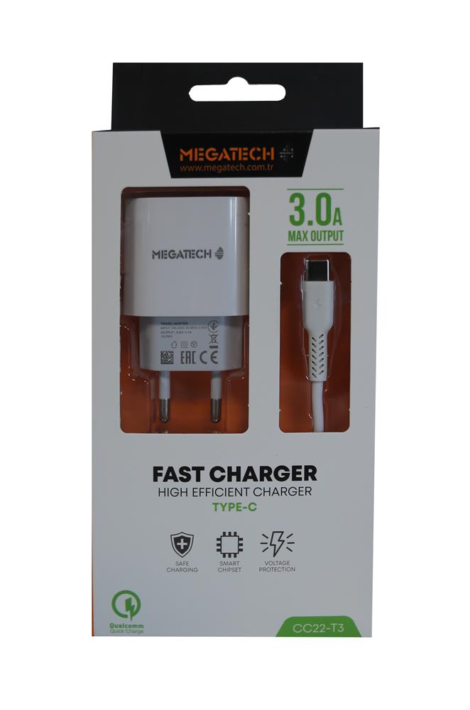 Megatech CC01 (CC22-T3) 5v-3.0A Ev Şarj+Type-c Kablo Hızlı Şarj