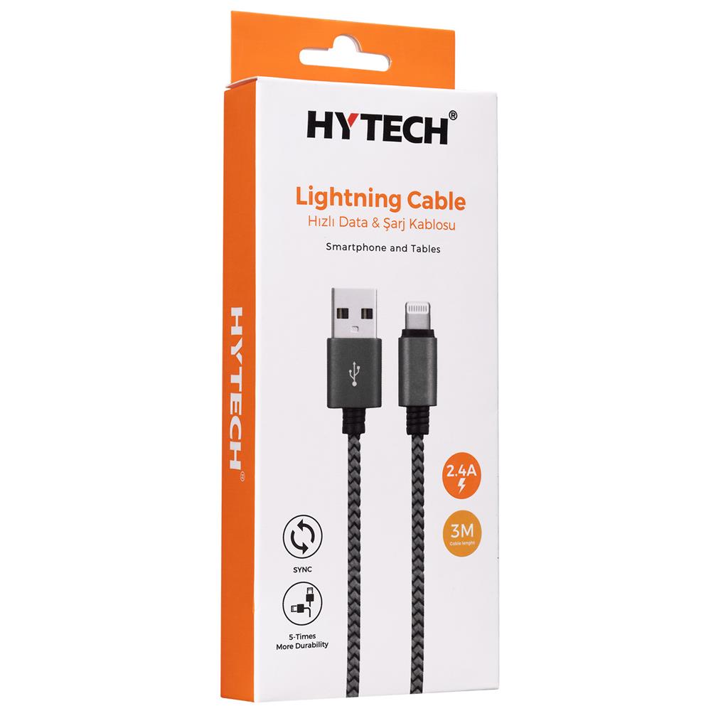 Hytech HY-X385 2.4A Lightning 3mt Gri-Siyah Şarj Kablosu