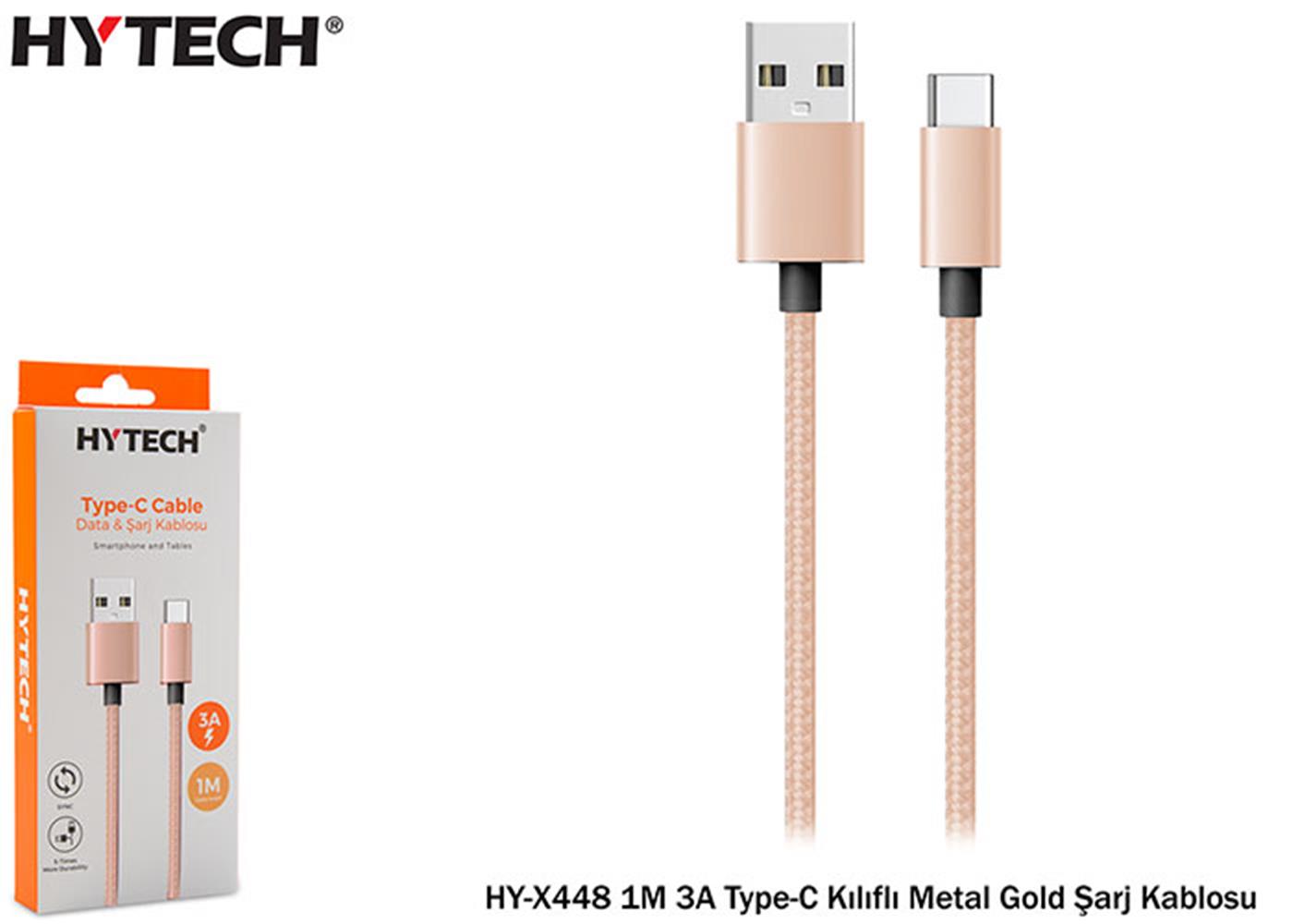 Hytech HY-X448 1M 3A Type-C Kılıflı Metal Gold Şarj Kablosu