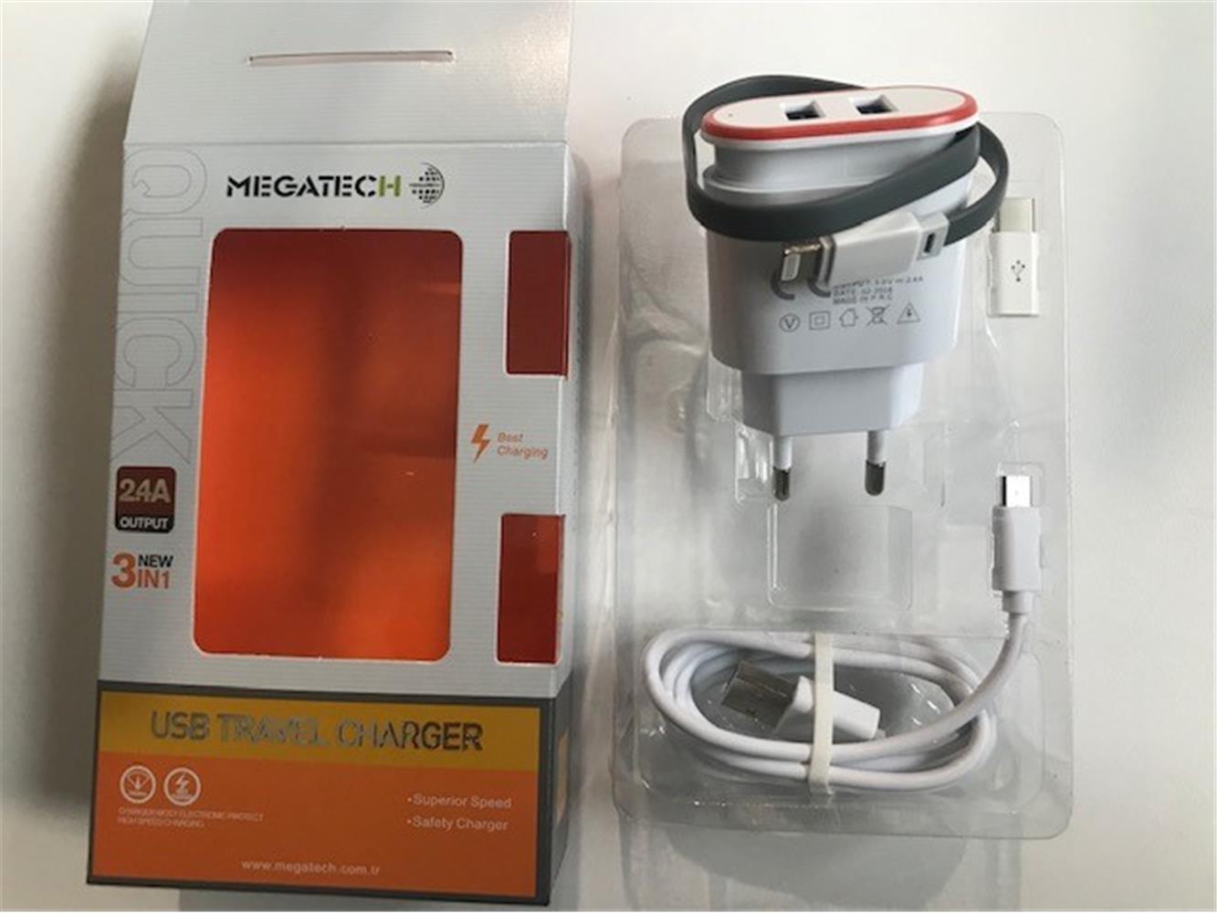 Megatech Beyaz  2.4A ( Ev Şarj + Micro Kablo+Typ-c+Iphone ) 3in1 Şarj Aleti